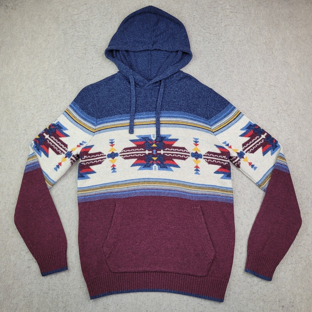 American Eagle Hoodie Sweater Mens Medium Maroon Blue Aztec Mayan Pullover Wool